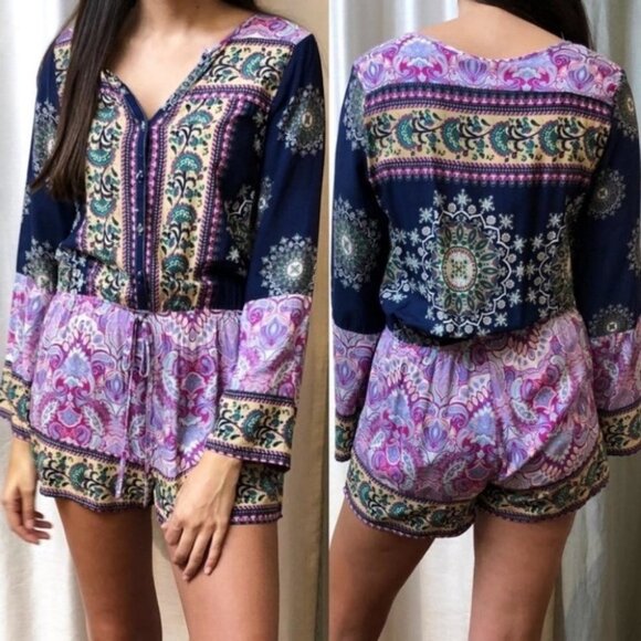 Umgee Jeweltone Print Sleeveless Romper Purple Size Large Bohemian Pockets Boho - Picture 8 of 8